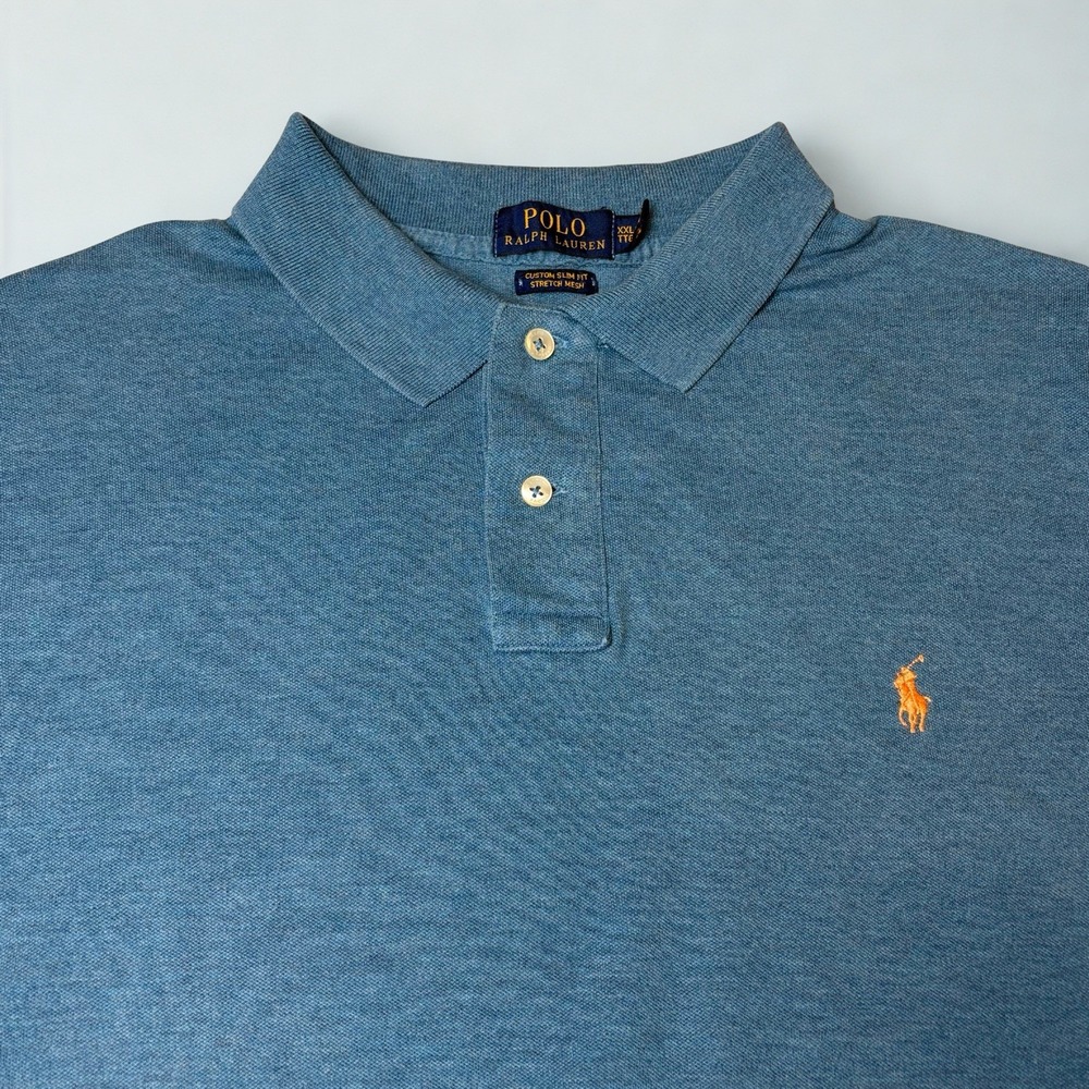 Polo Ralph Lauren Mens Shirt XXL 2XL Blue Custom Slim Fit Stretch Orange Pony